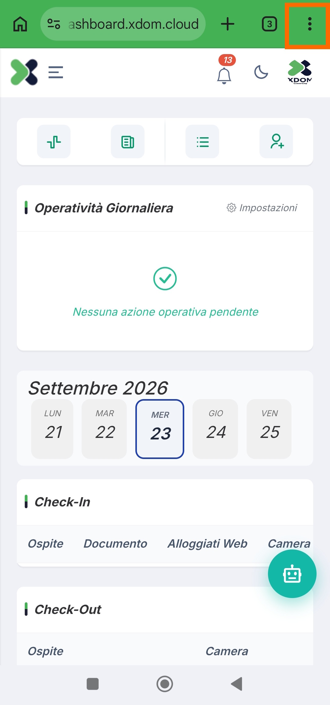 Barra di Chrome su Android con evidenziati i tre puntini in alto a destra