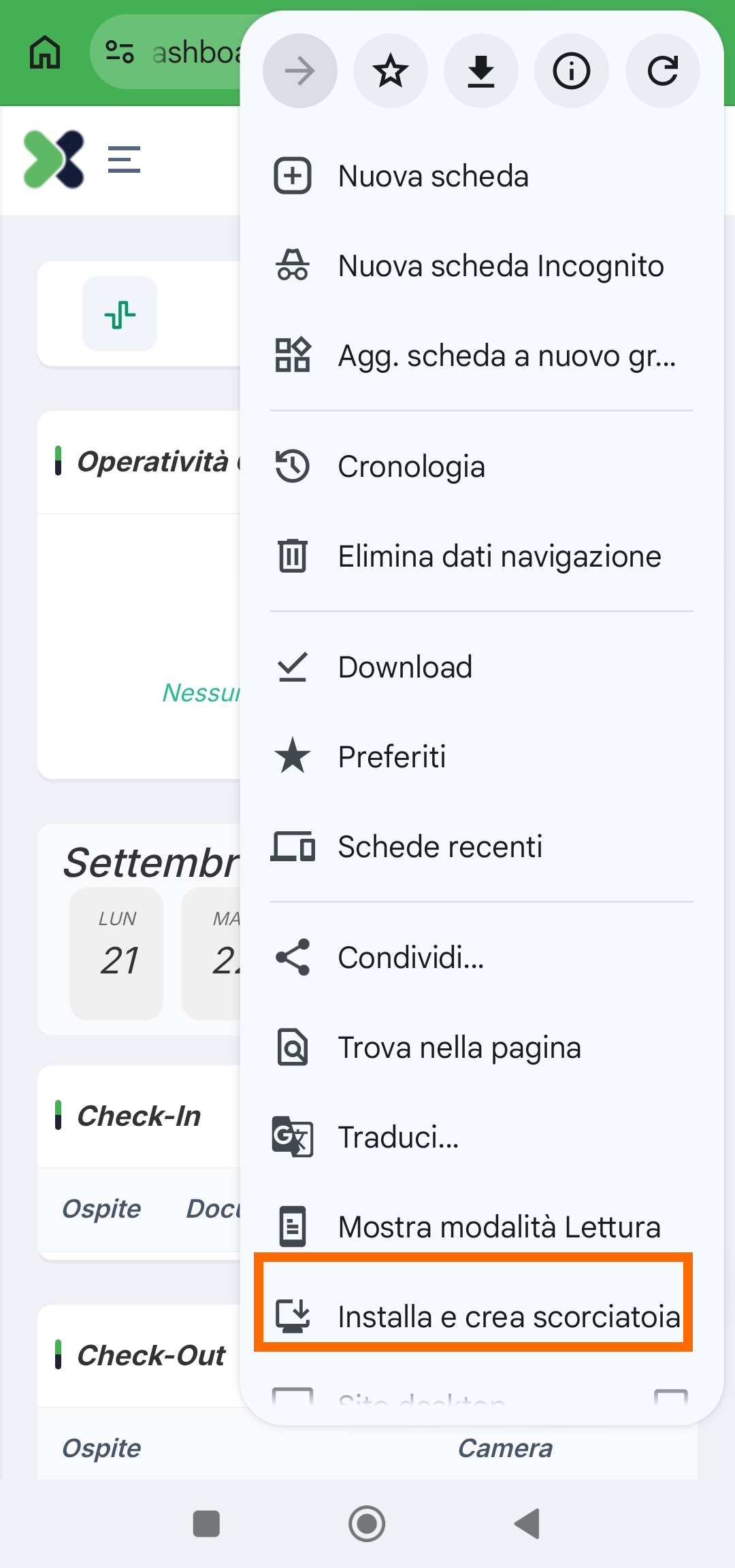 Menù di Chrome con evidenziata la voce Installa e crea scorciatoia