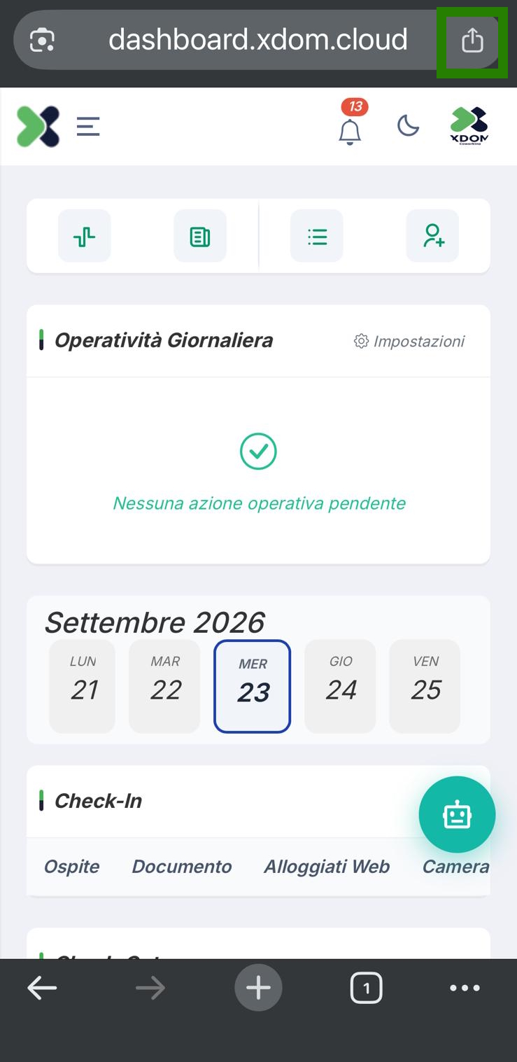 Barra di Chrome su iPhone con evidenziata l'icona Condividi in alto a destra