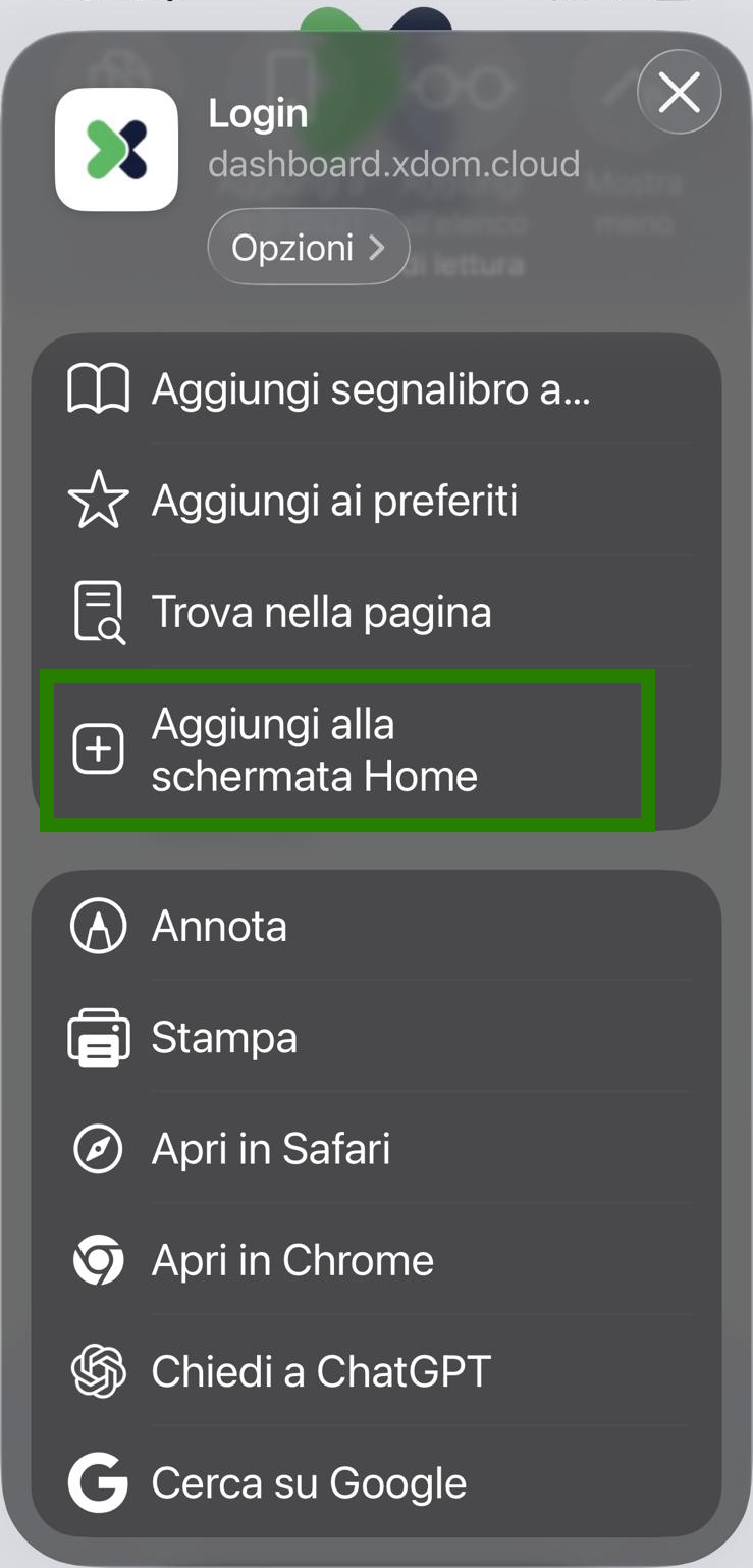 Menù di condivisione di Chrome con evidenziata la voce Aggiungi alla schermata Home