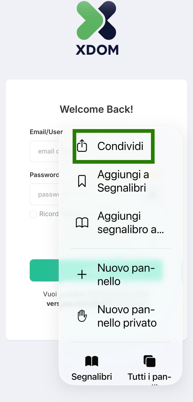 Menù di Safari con evidenziata la voce Condividi