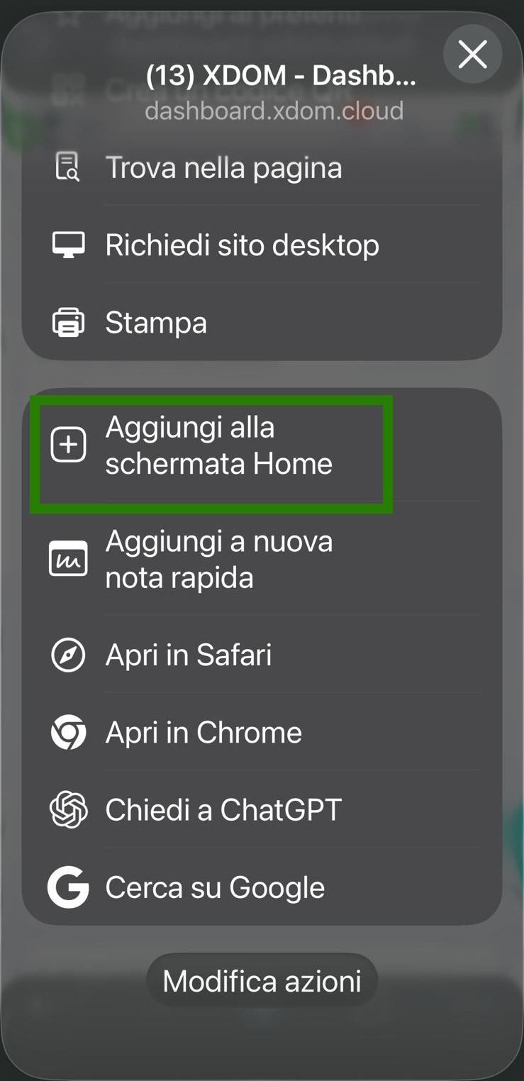 Foglio di condivisione con evidenziata la voce Aggiungi alla schermata Home