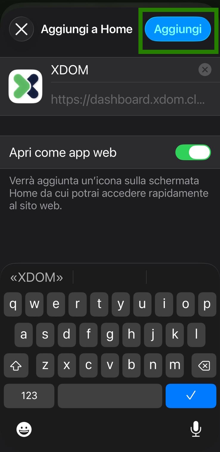Schermata Aggiungi a Home con il pulsante Aggiungi evidenziato